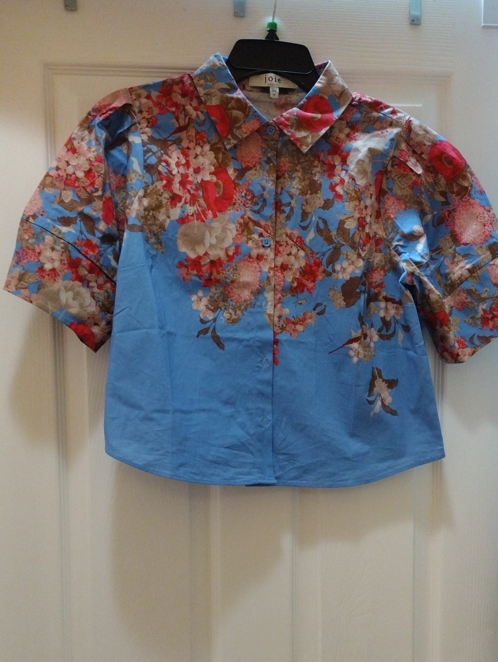Joie Blue Cropped Floral Puffy Short-Sleeve Blouse NWOT